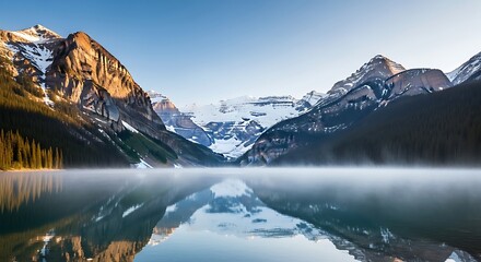 Misty Morning at Lake Louise, Banff National Park with Majestic Mountain Reflections