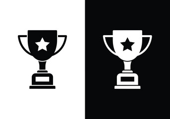 Two contrasting trophy illustrations, one black on white, the other white on black.
