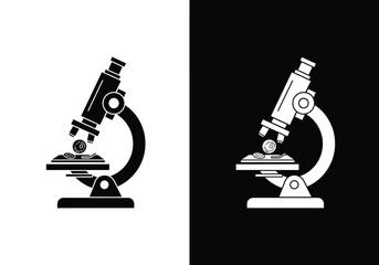 Black and white illustrations of a microscope focusing on a specimen.
