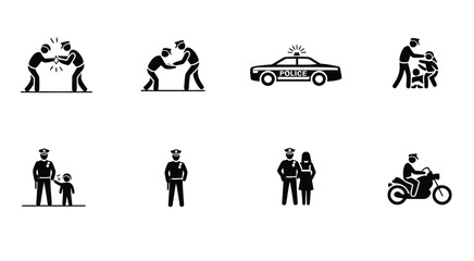 Police depicting various law enforcement actions icon set