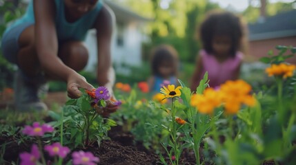 Mother and daughters joyfully planting colorful summer flowers together