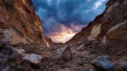 Solitary Stone in Rugged Canyon at Sunset Low Angle View of Desert Landscape Under Dramatic Sky