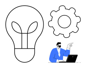 Large light bulb and gear represent innovation and process, man at laptop pointing suggests action and collaboration. Ideal for creativity, teamwork, technology, innovation, business, productivity