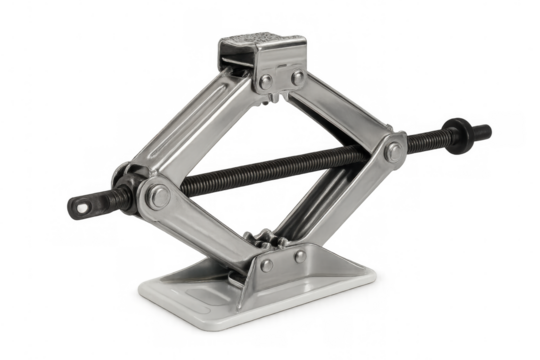 Metal scissor jack rising from transparent surface, supporting automotive maintenance and tire replacement tasks