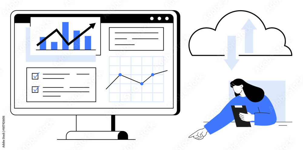 Poster computer screen displaying graphs, checklists, and analytics cloud with uploaddownload arrows woman 