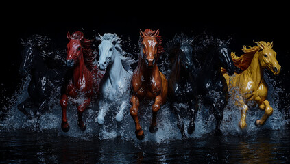 Brightly colored horses gallop through shallow water, splashing water droplets against a black background, captured in dynamic motion.