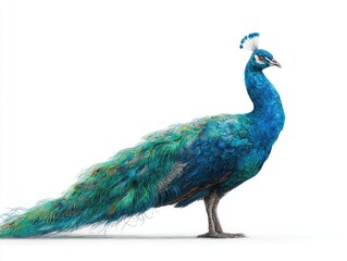 Obraz premium Side view of a vibrant peacock with a long tail against a white background