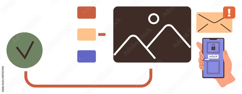 Poster hand using mobile for file unlocking, image sharing, and receiving alert notifications. ideal for se