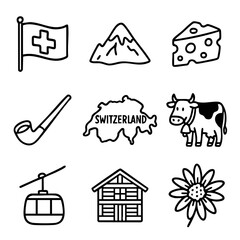 A set of doodle line icons illustrating Swiss culture and landmarks including mountains, cheese, chalet, cow, cable car, and flag