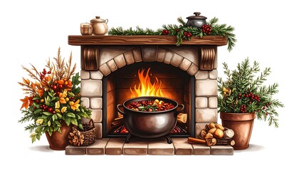 Cozy fireplace with autumnal decorations and a cooking pot