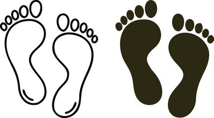 Feet Icons. Black and White Vector Illustration. Human Footprints, Toes, Foot, Leg. Human Body Part. Concept Anatomy
