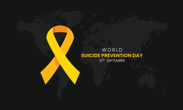 World Suicide Prevention Day concept. Yellow ribbon against world map background, representing global hope, prevention, and awareness. Global awareness for World Suicide Prevention Day