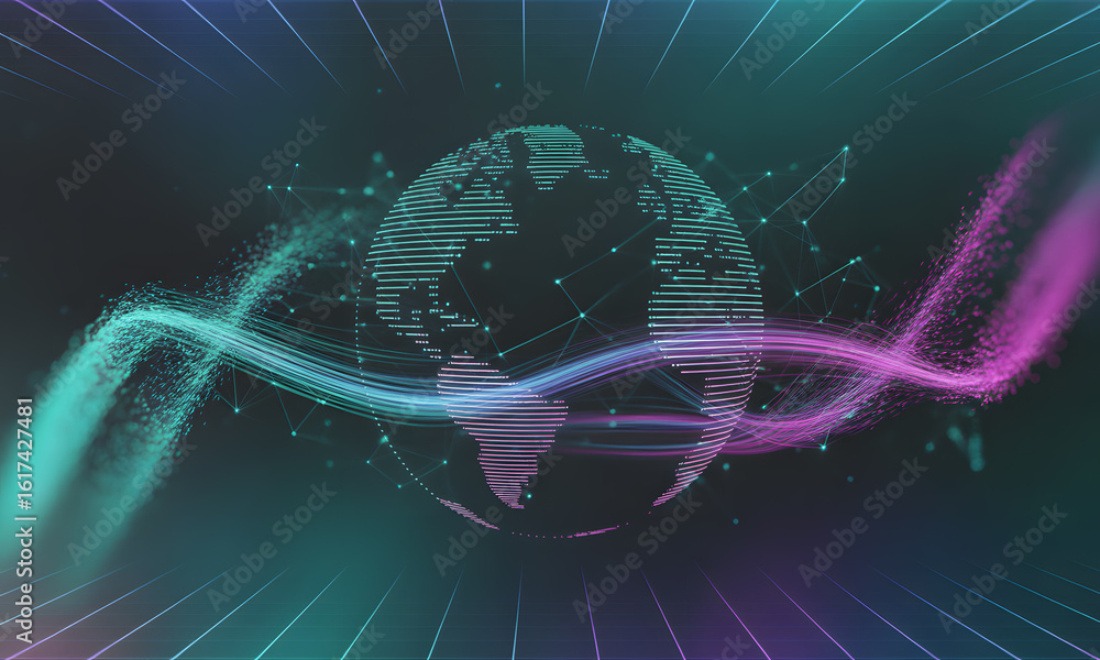 Poster abstract digital earth globe with glowing particle trails and global network connectivity