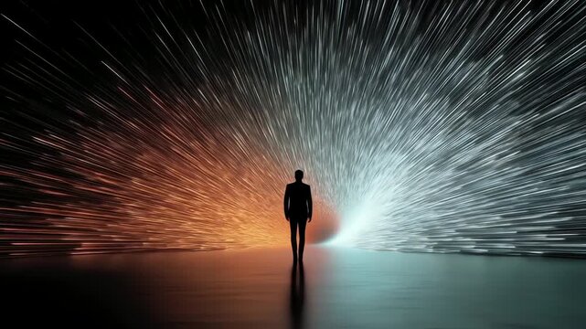 Silhouette amidst radiating lights choosing destiny