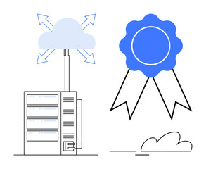 Cloud server connected to the cloud with directional arrows beside certification ribbon. Ideal for technology, data storage, cloud services, certification, reliability, security, digital