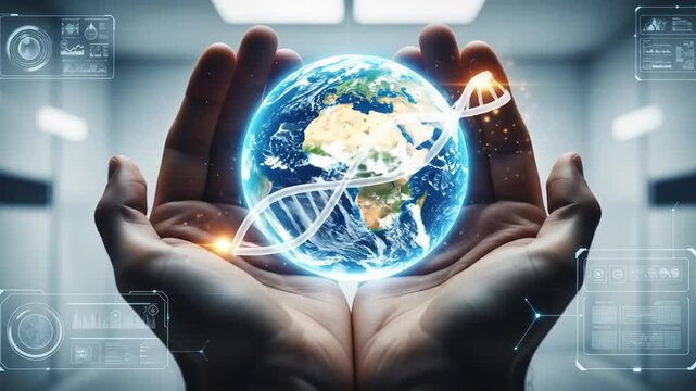 Hands cradling a glowing Earth with a DNA helix, symbolizing scientific advancement and global responsibility. - Powered by Adobe