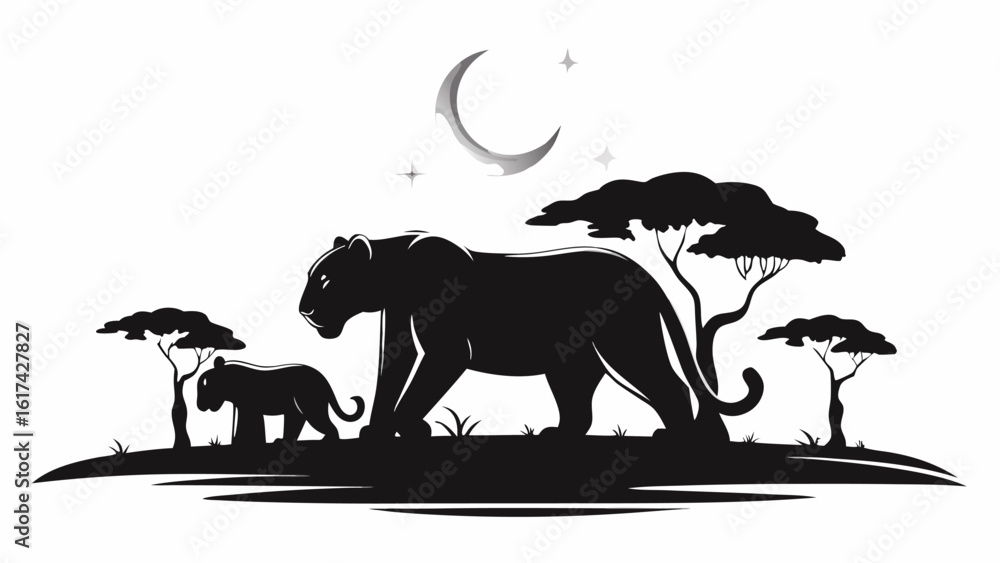 Poster silhouette of a panther and cub walking under a crescent moon with trees and stars in the background