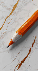 Digital image of an orange and white marble pencil on a glossy marble tabletop, featuring subtle gold stripes in a clean, minimal design aesthetic.