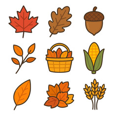 A collection of nine colorful cartoon icons representing autumn, including leaves, an acorn, corn, and wheat.