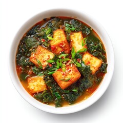Creamy tofu and spinach stew in a bowl