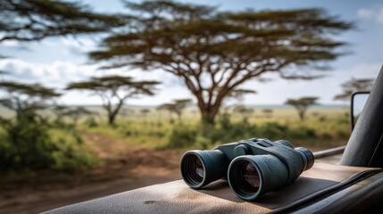 Binoculars resting on a vehicle dashboard amidst the African savannah during a wildlife observation.