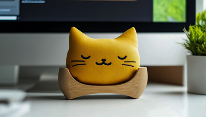 High-quality product photography of an elegant wooden mobile phone stand with a cute yellow cat-shaped pillow on a clean white desk in front of a computer monitor,