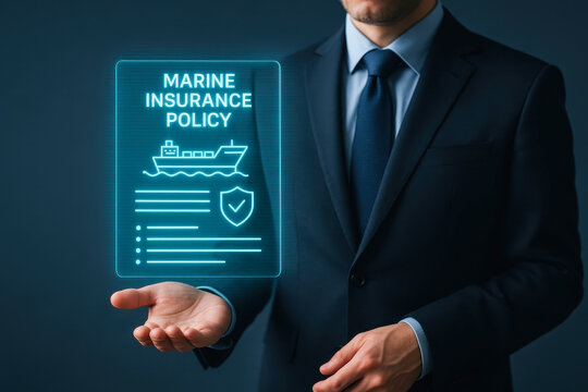 Business insurance concept with marine insurance policy hologram floating above hand of man in suit showing protection and security for shipping industry