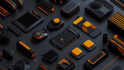High-resolution 3D product design of a modular technology kit in sleek black and vibrant orange, arranged in a precise knurling layout on a neutral background - Edition