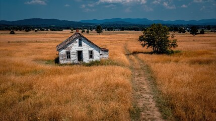 Abandoned White House in Golden Field, Dramatic Landscape, Atmospheric, Rural Scene.