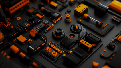 High-resolution 3D product design of a modular technology kit in sleek black and vibrant orange, arranged in a precise knurling layout on a neutral background - Edition