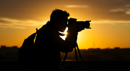 Silhouette of an Inspired Photographer Capturing the Golden Beauty of a Vibrant Sunset Sky with a Professional Camera