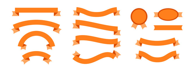 Orange ribbon banner collection. Wavy and curved ribbons set for emblem, sticker, advertising, poster, promotion, frame. Vintage label element bundle for graphic design template. Vector