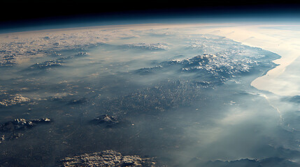 Fototapeta premium Aerial view showcasing earth's horizon with clouds, land formations, and atmospheric perspective