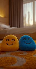 In front of them, neatly placed on the soft carpeted floor, is a pair of cute children's slippers, with smiles on their faces. Comfortable, playful, shoes suitable for children.