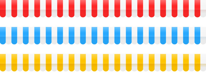 Striped shop tent repeated design set. Store window awning pattern collection. Cafe or restaurant roof canopy pack. Red, blue, yellow stall market place cover. Repeating stripe sunshade design. Vector