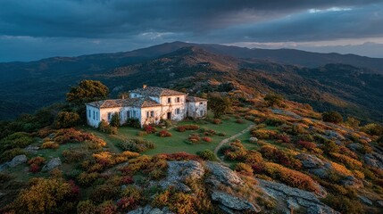 Serene Mountaintop Estate: Autumnal Hues Embrace Rustic Stone House