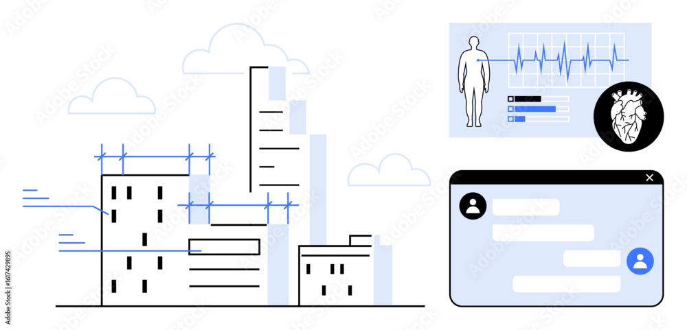 Poster skyscrapers alongside a health monitoring interface with heart diagnostics and a chat window. ideal 