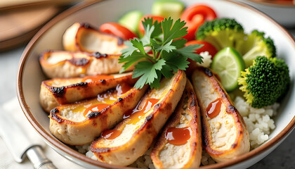 Grilled Chicken Skewers with Mixed Vegetables and Tropical Flower Garnish