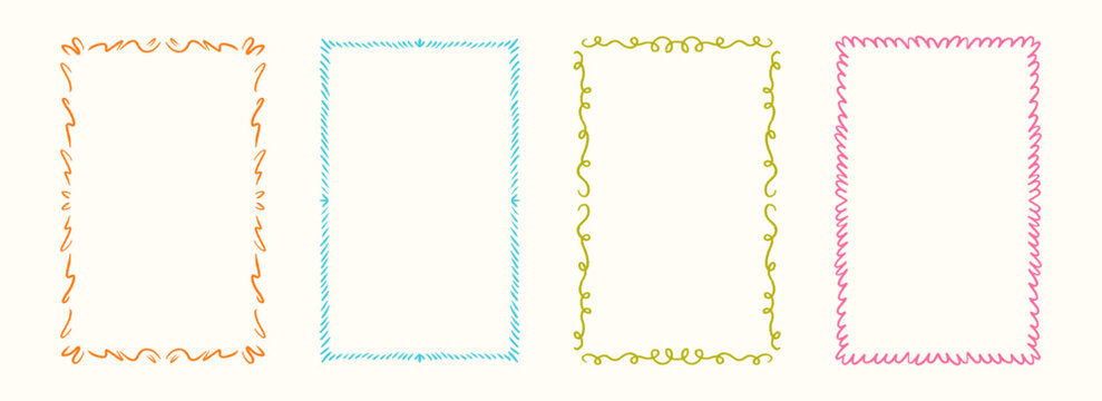 Colored hand drawn wavy frame set. Romantic curly border collection. Vector cute doodled cadre frames. Curved squiggly rectangle border pack for invitation, wedding party, birthday, greeting design
