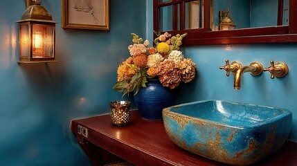 Luxurious Teal Bathroom with Artisanal Blue Sink, Brass Fixtures, Warm Lantern Light, and Vibrant Floral Arrangement