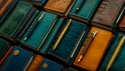 Numerous leather-bound notepads, each topped with a sleek pen, neatly arranged in rows and columns on a wooden surface - ideal for office, corporate or conference use.