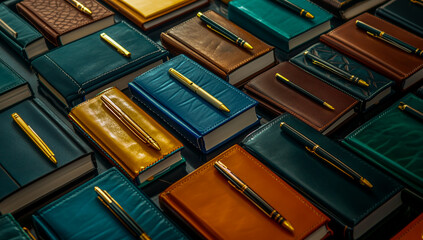 Numerous leather-bound notepads, each topped with a sleek pen, neatly arranged in rows and columns on a wooden surface - ideal for office, corporate or conference use.