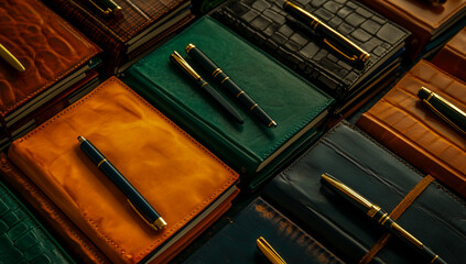 Numerous leather-bound notepads, each topped with a sleek pen, neatly arranged in rows and columns on a wooden surface - ideal for office, corporate or conference use.