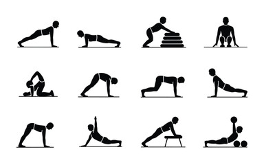 Workout exercise silhouette sequence showing bodyweight training icon set