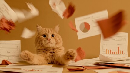 A ginger tabby cat looks overwhelmed as papers scatter through the air in a humorous scene. The orange tones and chaotic expression convey stress, confusion or burnout, work and deadline