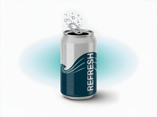 Refreshing beverage can with bubbles and waves