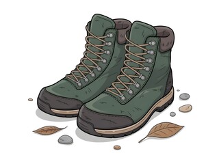 Pair of rugged green hiking boots with laces and rocky terrain