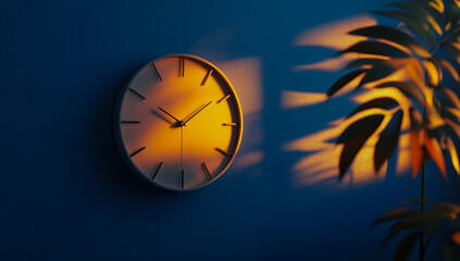 Set against a calm blue background, a simple, minimalist three-dimensional wall clock render with modern design, clean aesthetics, and high-quality visualization.
