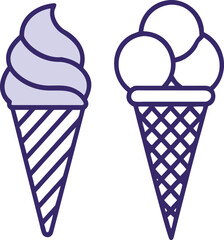 Colored Ice Cream Icons. Vector Icon of Delicious Ice Cream in a Waffle Cup. Sweet Dessert. Summer Concept.