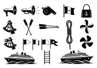 Vector art of nautical icons featuring ships, flags, and maritime equipment